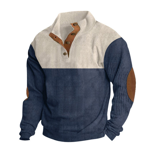 Herren nan rustikaler gerippter Pullover mit Henley-Kragen und lederartigen Ellbogenbesätzen EB