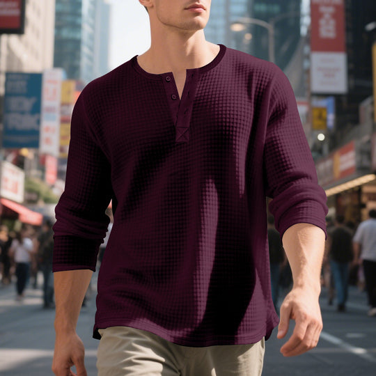 Herren nan Waffelstruktur-Henley-Langarmshirt mit Rundhalsausschnitt, mehrfacher Knopfleiste und entspannter Passform EB