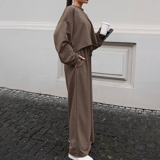 Damen Bequemes Cropped Sweatshirt und Weite Hose Set EB