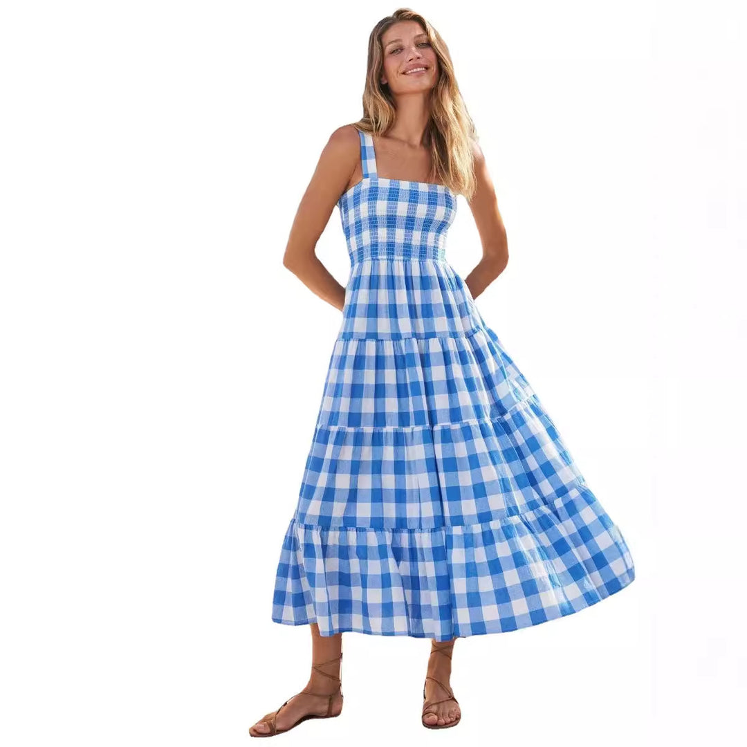 Damen Maxikleid mit kariertem Design und eleganter, fließender Schnittführung EB