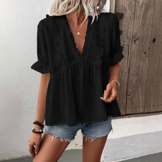 Damen luftige Bluse mit voluminösem Rüschensaum und lockerer Passform EB