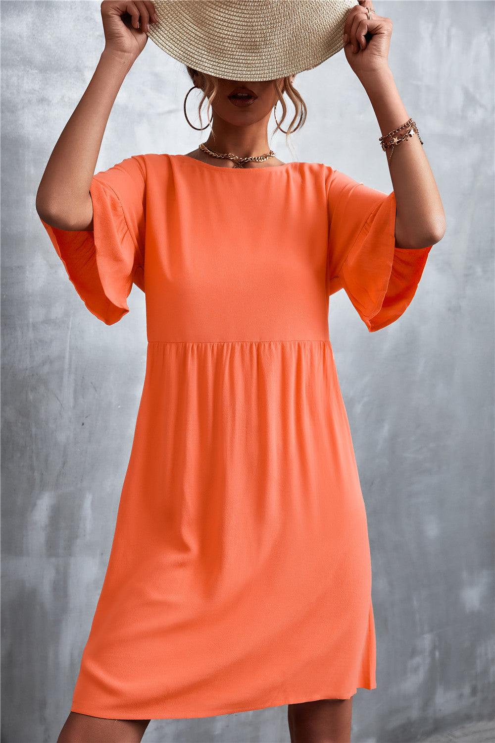 Damen Freizeitkleid mit weit ausgestellten Ärmeln und elastischem Taillenbund EB