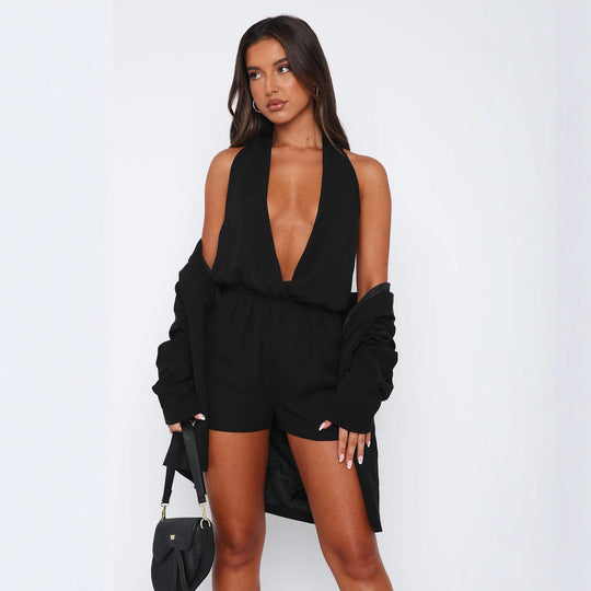 Damen modischer Jumpsuit mit tiefem V-Ausschnitt und elastischem Taillenzug EB