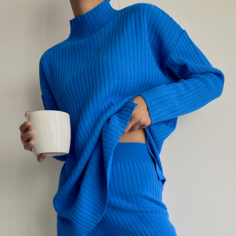 Damen Langarm Strickpullover mit Stehkragen und Rippenstruktur EB