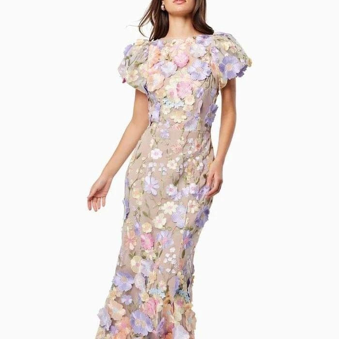 Damen Blumenkleid mit 3D-Blütenapplikationen EB