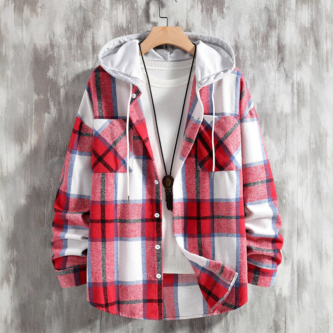 Herren Karierte Flanelljacke mit Hoodie und praktischen Taschen EB