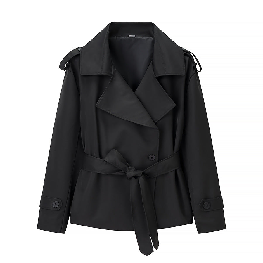 Damen nan kurze Trenchcoat Jacke mit Taillengürtel breitem Revers und dekorativen Schulterklappen EB