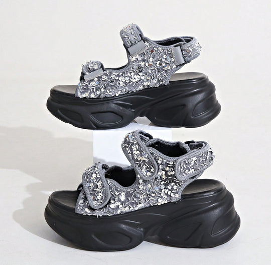 Damen Glamouröse Plateau-Sandalen mit verstellbaren Riemen und funkelnden Applikationen EB