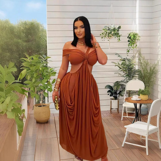 Damen Elegantes Maxikleid mit asymmetrischem Schnitt und schulterfreiem Design EB