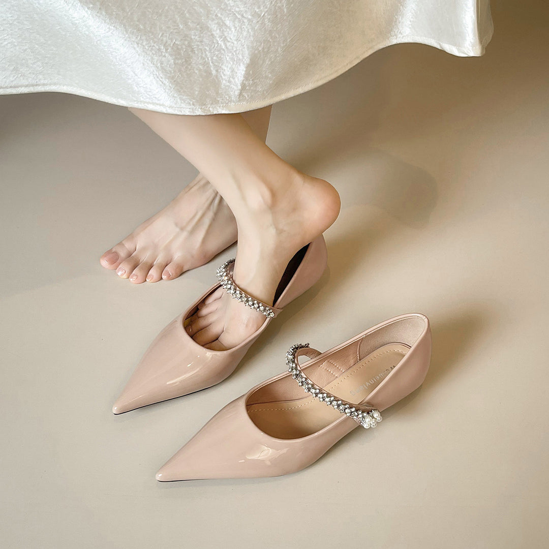 Damen elegante spitze Ballerinas mit funkelndem Strassriemen EB