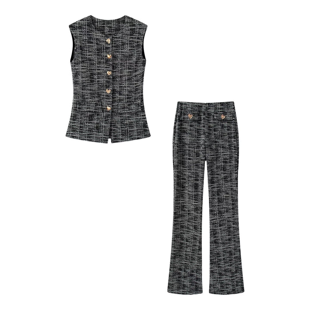 Damen elegante Karohose mit schmalem Schnitt und dekorativen Knöpfen EB