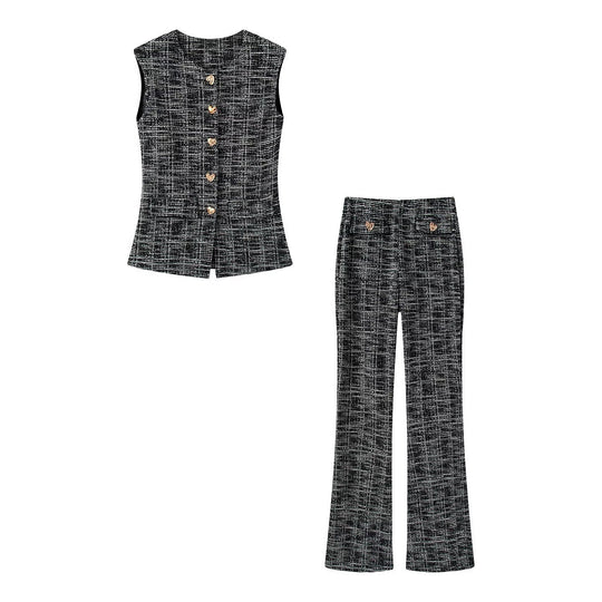 Damen elegante Karohose mit schmalem Schnitt und dekorativen Knöpfen EB