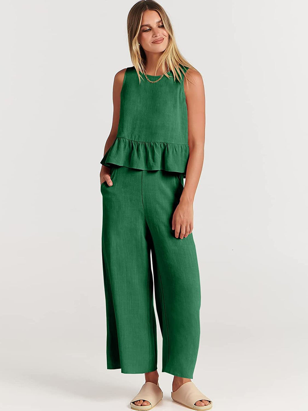 Damen Zweiteiler-Set mit schickem Peplum-Oberteil und weit geschnittenen Hosen EB