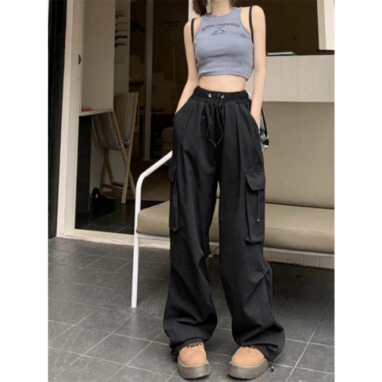 Damen nan Cargo-Hose mit hoher Taille, Elastikbund, großen Klappentaschen und Kordelzug EB