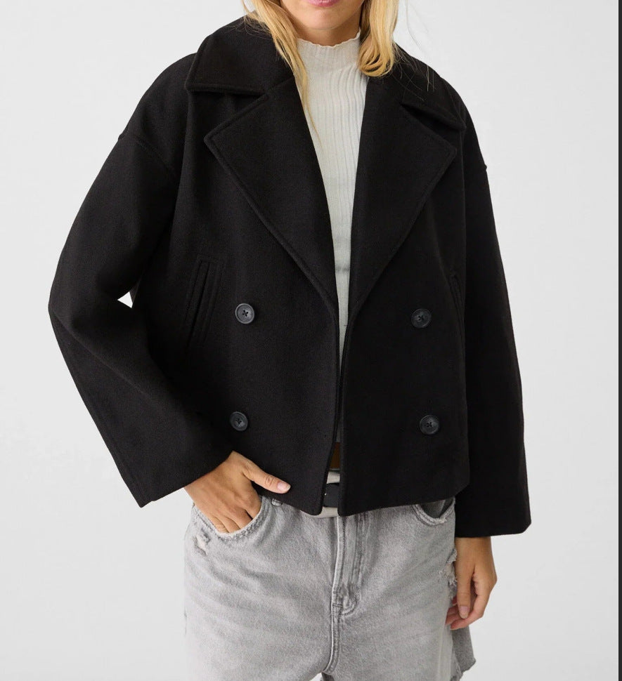 Damen nan kurz geschnittener Zweireiher Wollmix-Peacoat mit überbreitem Revers und kastiger Silhouette EB