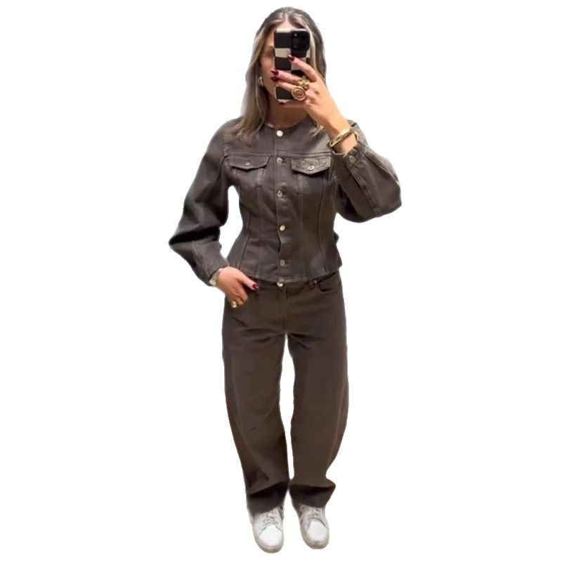 Damen Modische Jeansjacke mit Puffärmeln und dekorativen Knöpfen EB