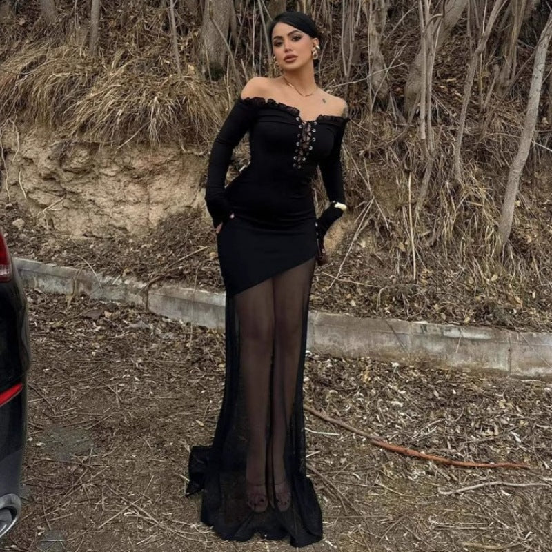 Damen figurbetontes Maxikleid mit Off-Shoulder Design und transparentem Rock EB