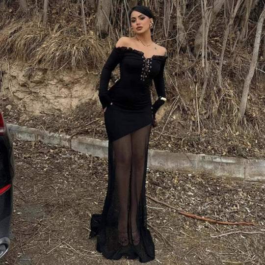 Damen figurbetontes Maxikleid mit Off-Shoulder Design und transparentem Rock EB