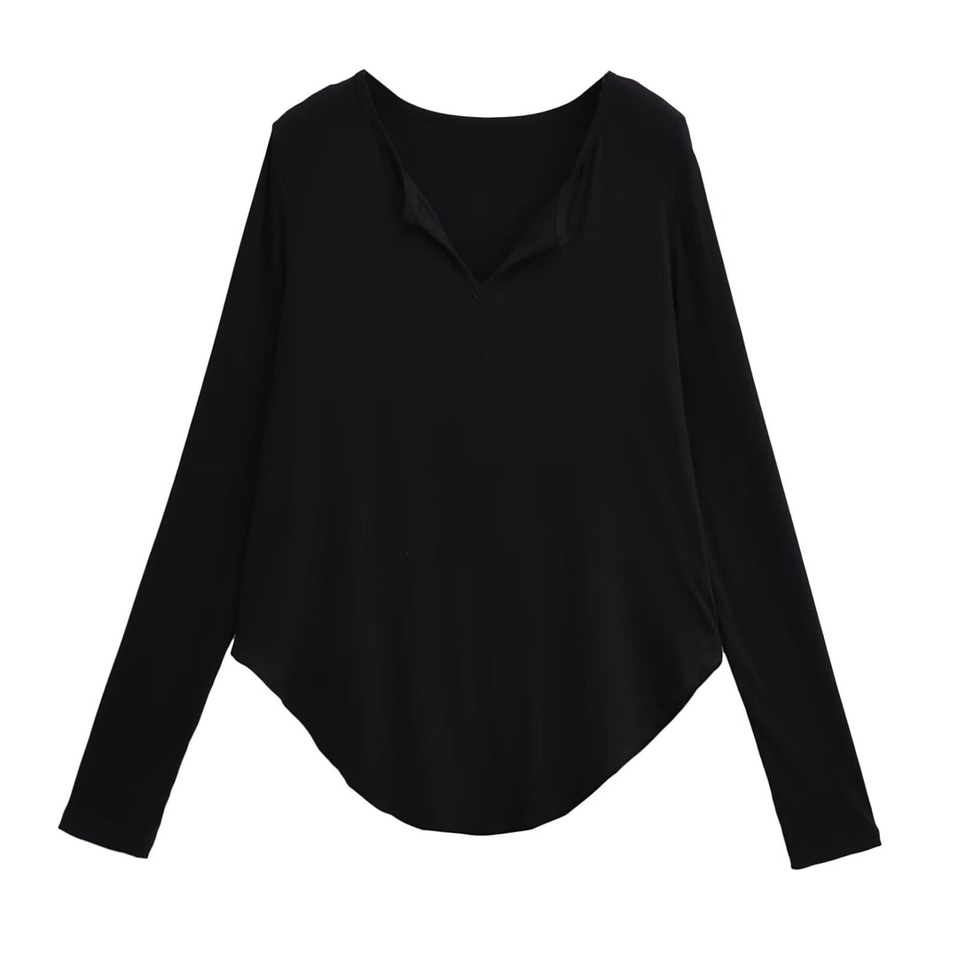 Damen lässiges Longsleeve-Oberteil mit V-Ausschnitt und geschwungenem Saum EB