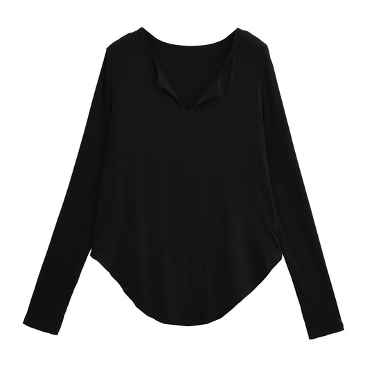 Damen lässiges Longsleeve-Oberteil mit V-Ausschnitt und geschwungenem Saum EB