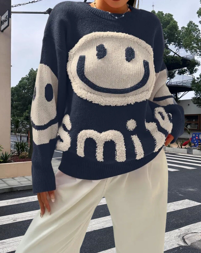 Damen Strickpullover mit fröhlichem Emoji-Motiv und komfortablem Schnitt EB