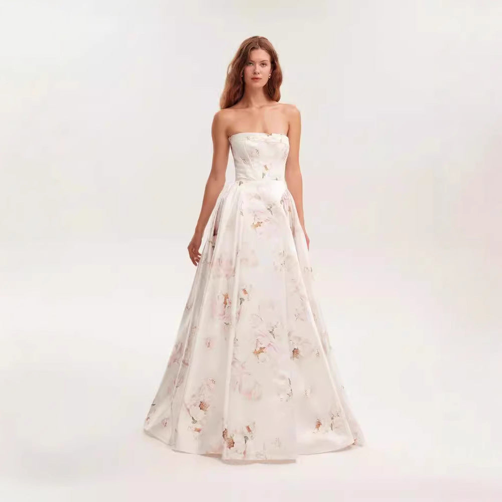 Damen Elegantes Blütenmuster-Maxikleid mit schulterfreiem Design EB