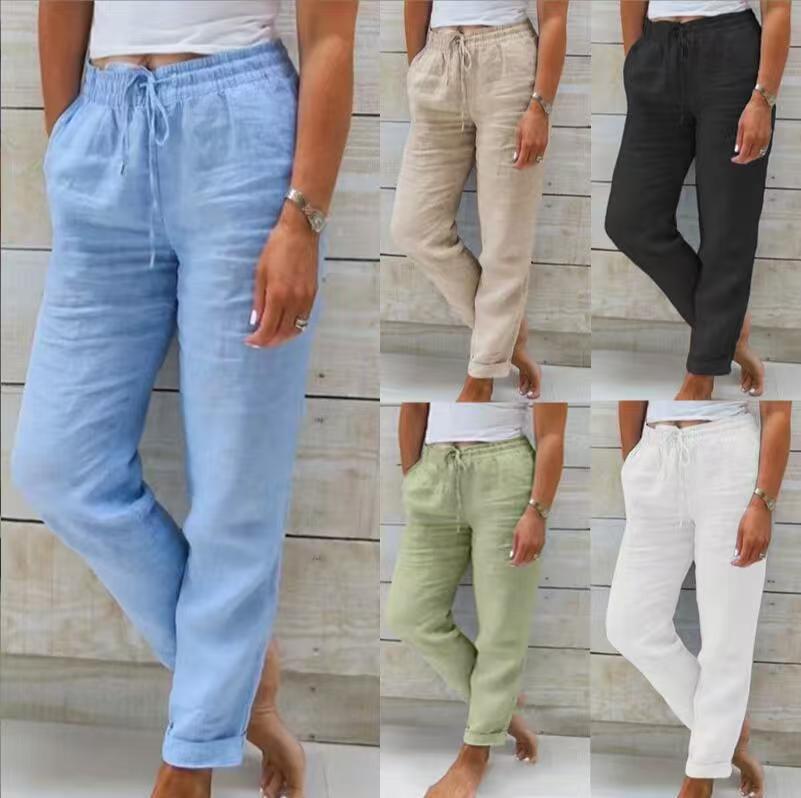 Damen nan lässige Leinenhose mit elastischem Bund Kordelzug und Seitentaschen EB