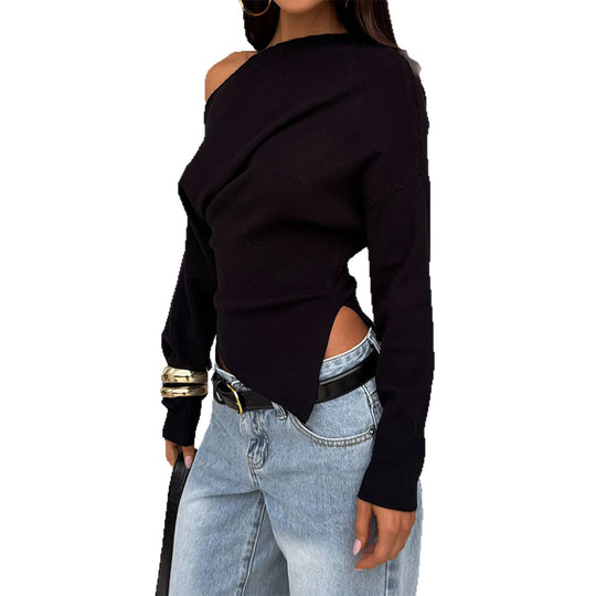 Damen nan schulterfreier Feinstrickpullover mit asymmetrischem Cut-Out, taillierter Passform und weiten Ärmeln EB
