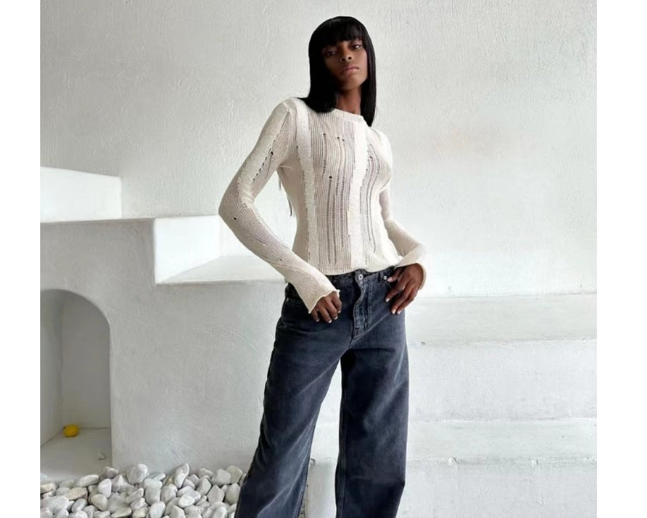 Damen modisches Strickoberteil mit elegantem Knoten und schmalen Ärmeln EB