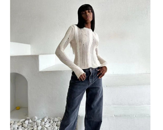 Damen modisches Strickoberteil mit elegantem Knoten und schmalen Ärmeln EB