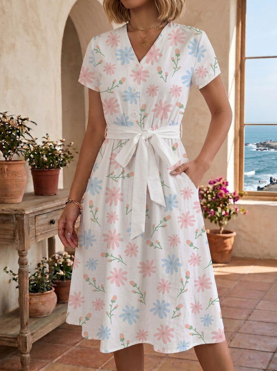 Damen lässiges Maxikleid mit taillierbarem Knoten und dekorativem Karomuster EB
