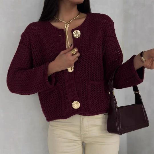 Damen luftiger Strickjacke mit dekorativem Netzdesign und praktischen Taschen EB