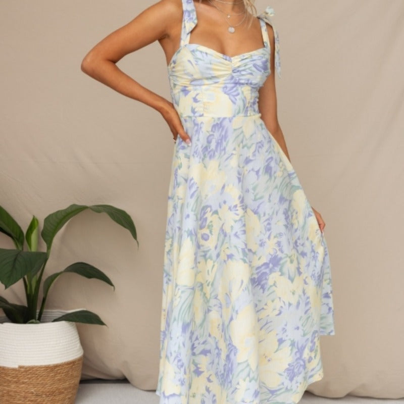 Damen Sommerliches Maxikleid mit verstellbaren Trägern und Raffungen EB