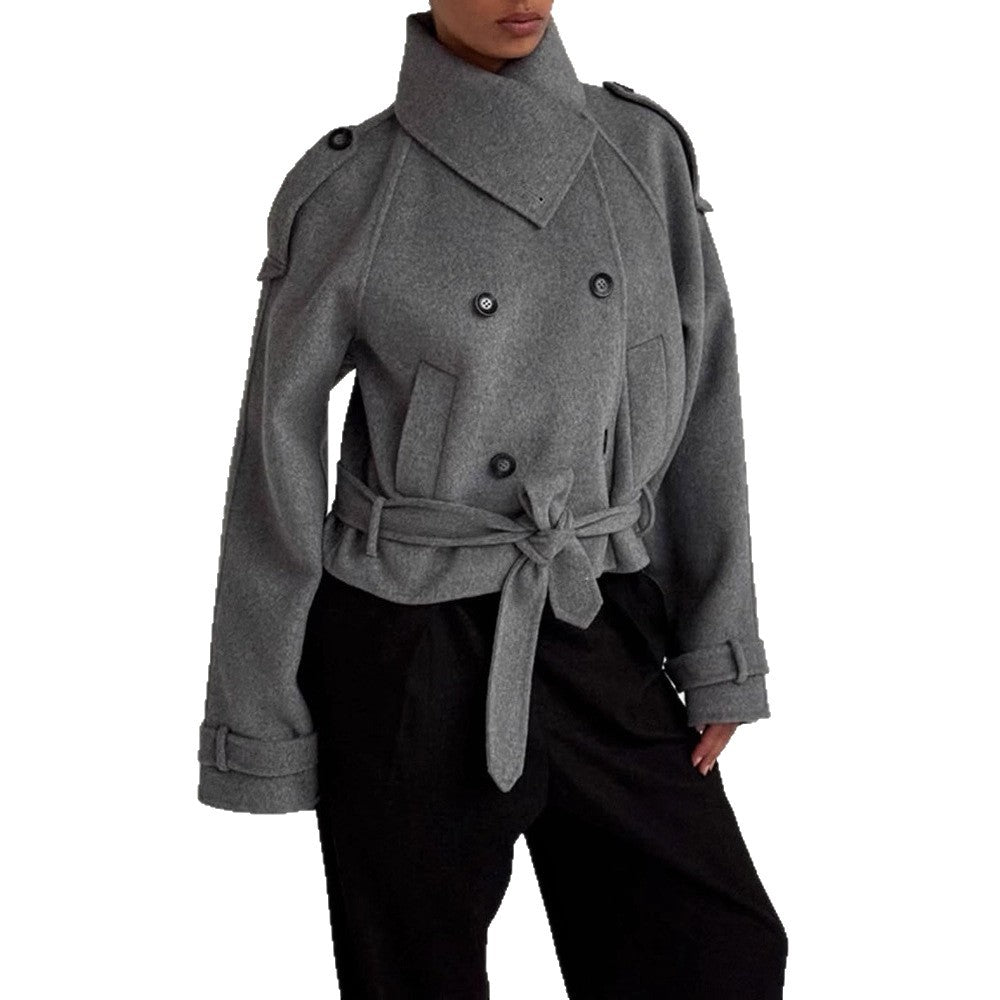 Damen modische Oversized-Wolljacke mit hohem Kragen und Gürtel EB