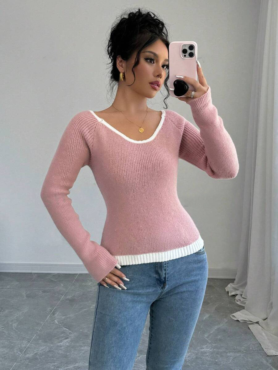 Damen modischer Pullover mit kontrastierendem Saum und tiefem V-Ausschnitt EB
