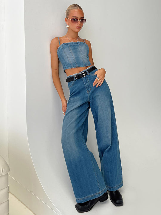 Damen Weit geschnittene Denim-Hose mit fransigem Saum und hohem Bund EB