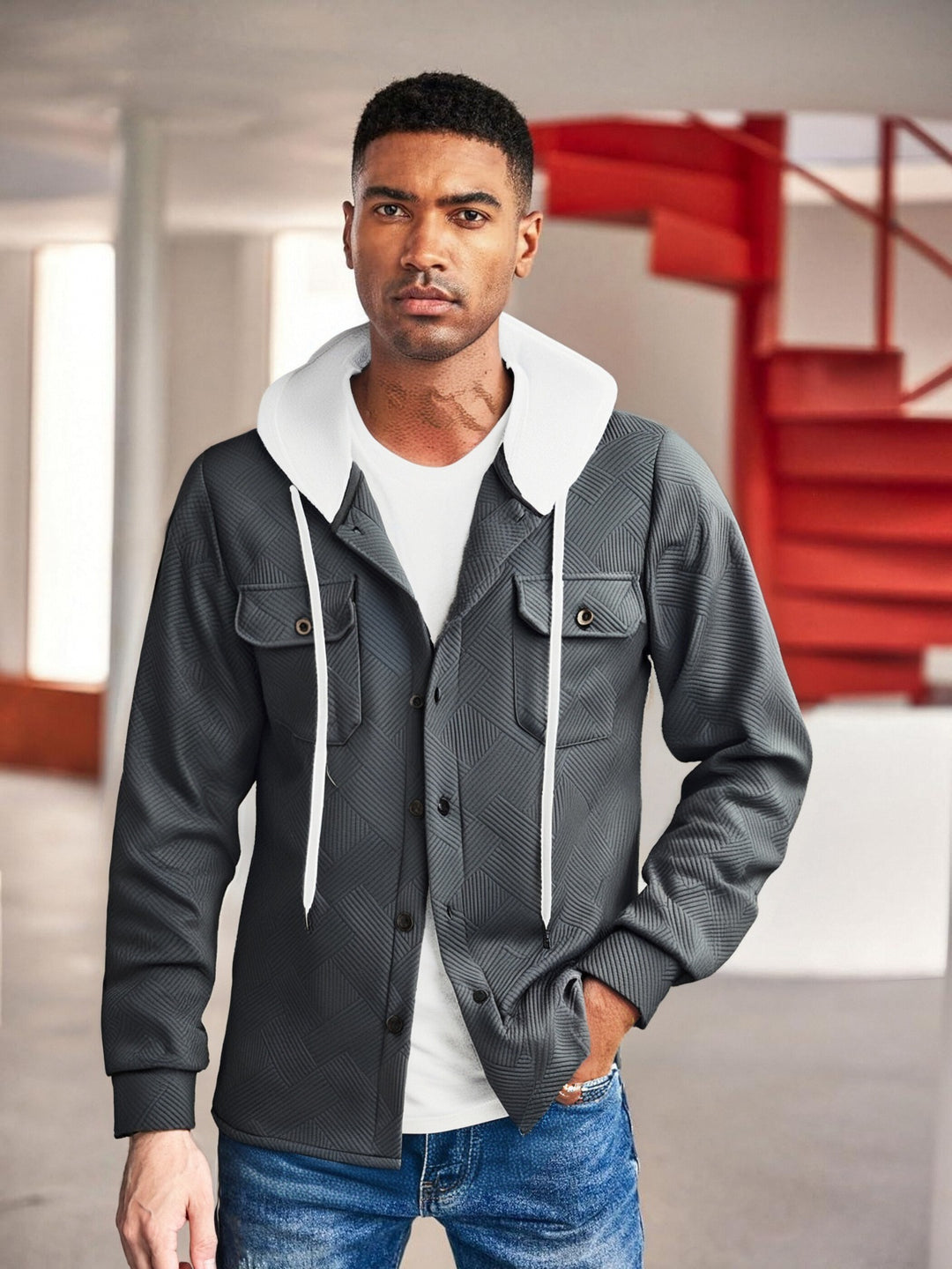 Herren modische Hybrid-Jacke mit abnehmbarer Kapuze und praktischen Taschen EB