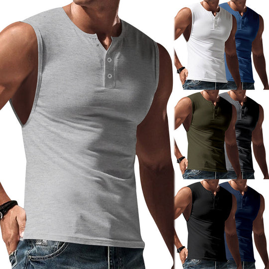 Herren nan ärmelloses Muskelshirt mit Henley-Knopfleiste, tiefem Armausschnitt und elastischem Baumwollmix EB