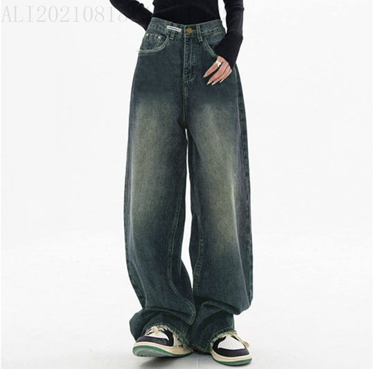 Damen nan hochgeschnittene extraweite Baggy-Jeans mit überlangem Saum und Vintageoptik EB