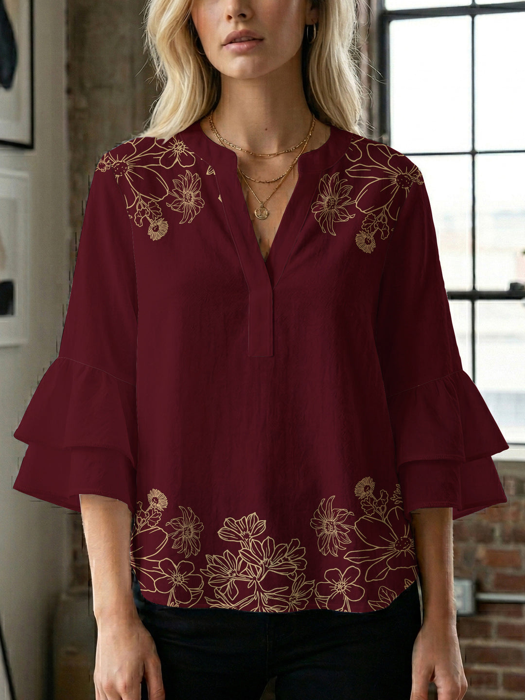 Damen Bluse mit voluminösen Rüschenärmeln und floralem Druck EB