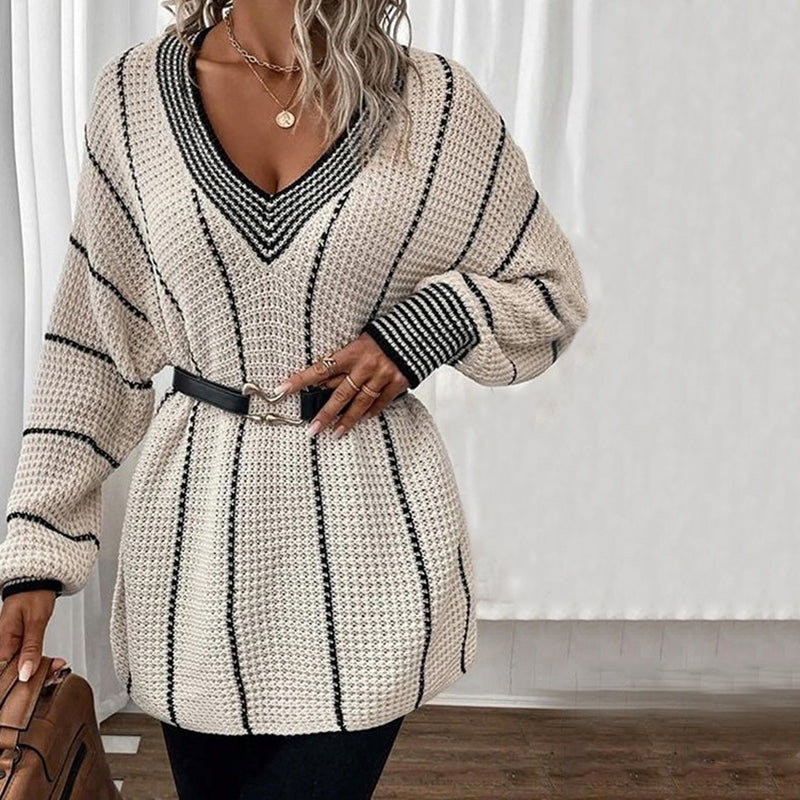 EB | Pullover - Damen Winter Gestreifter V-Ausschnitt Strickpullover