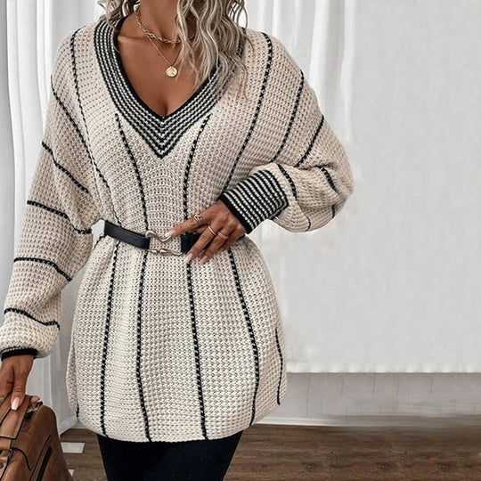 EB | Pullover - Damen Winter Gestreifter V-Ausschnitt Strickpullover