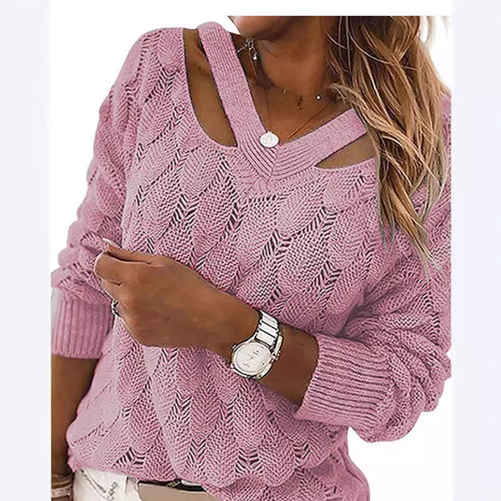 Damen lässiger Strickpullover mit V-Ausschnitt und einzigartigem Cut-out-Design EB