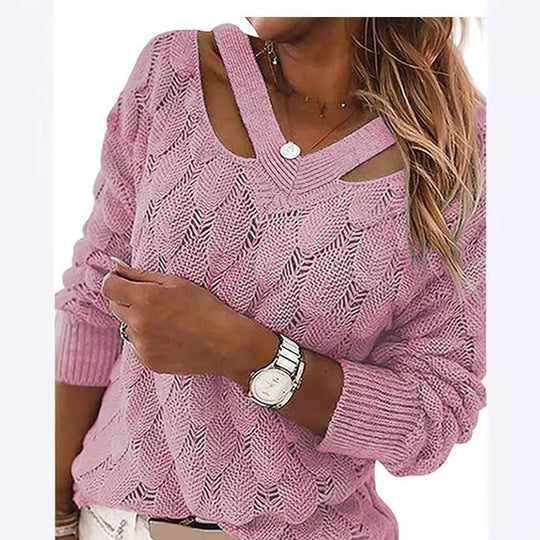 Damen lässiger Strickpullover mit V-Ausschnitt und einzigartigem Cut-out-Design EB