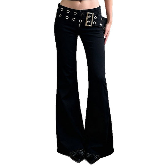 Damen Flared Jeans mit verstellbarem Gürtel und modischem Lochdesign EB