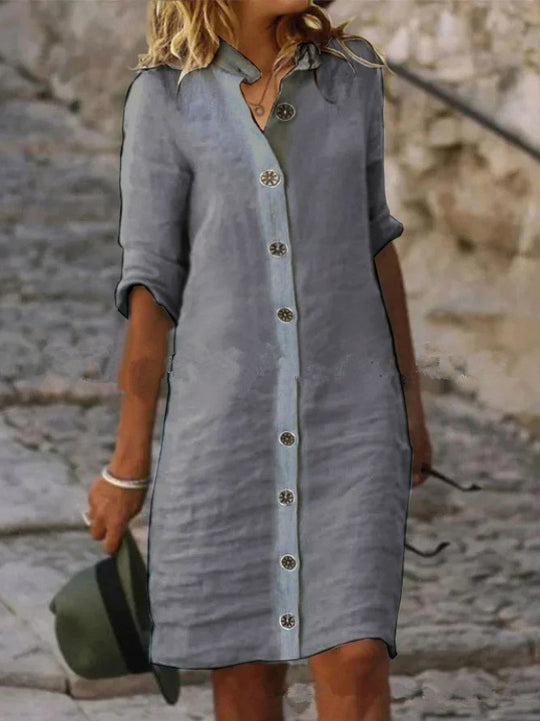 Damen Leinenhemdkleid mit Knopfleiste und umschlagbaren Ärmeln EB