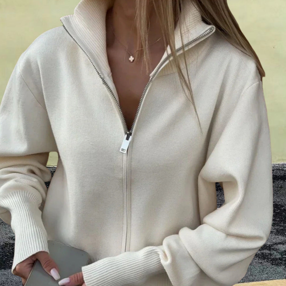 Damen Sportlicher Strickpullover mit hohem Kragen und Reißverschluss EB