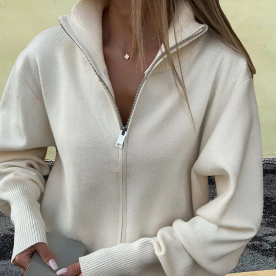 Damen Sportlicher Strickpullover mit hohem Kragen und Reißverschluss EB