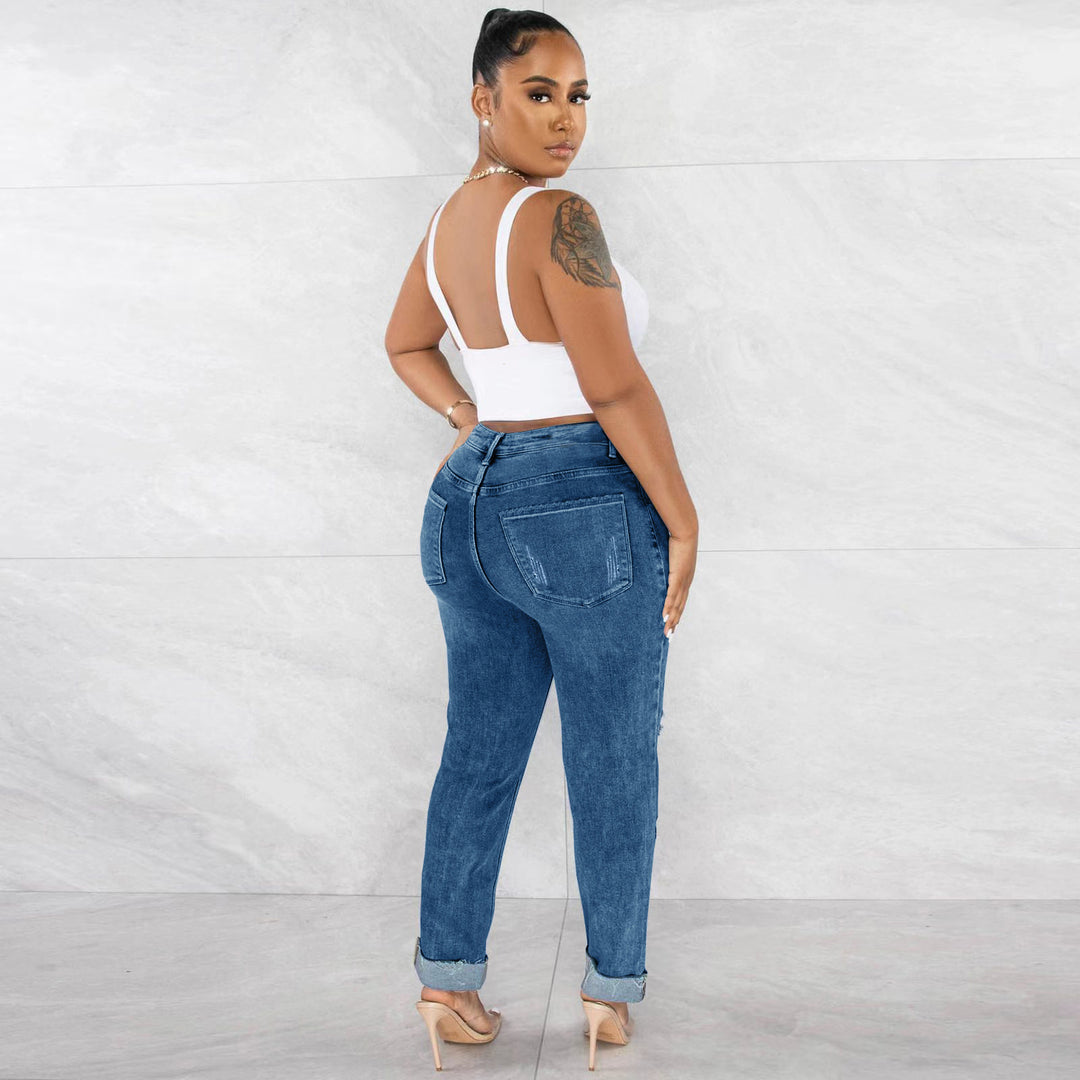 Damen lässige Mom-Jeans mit trendigen Rissen EB