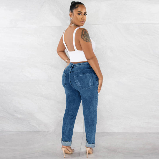 Damen lässige Mom-Jeans mit trendigen Rissen EB